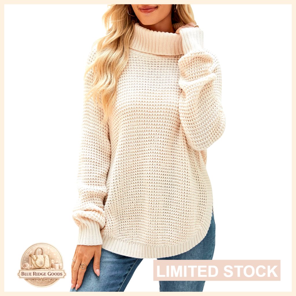 Ribbed Knit Turtleneck Sweater Loose Casual Pullover Split Hem Chunky Cozy